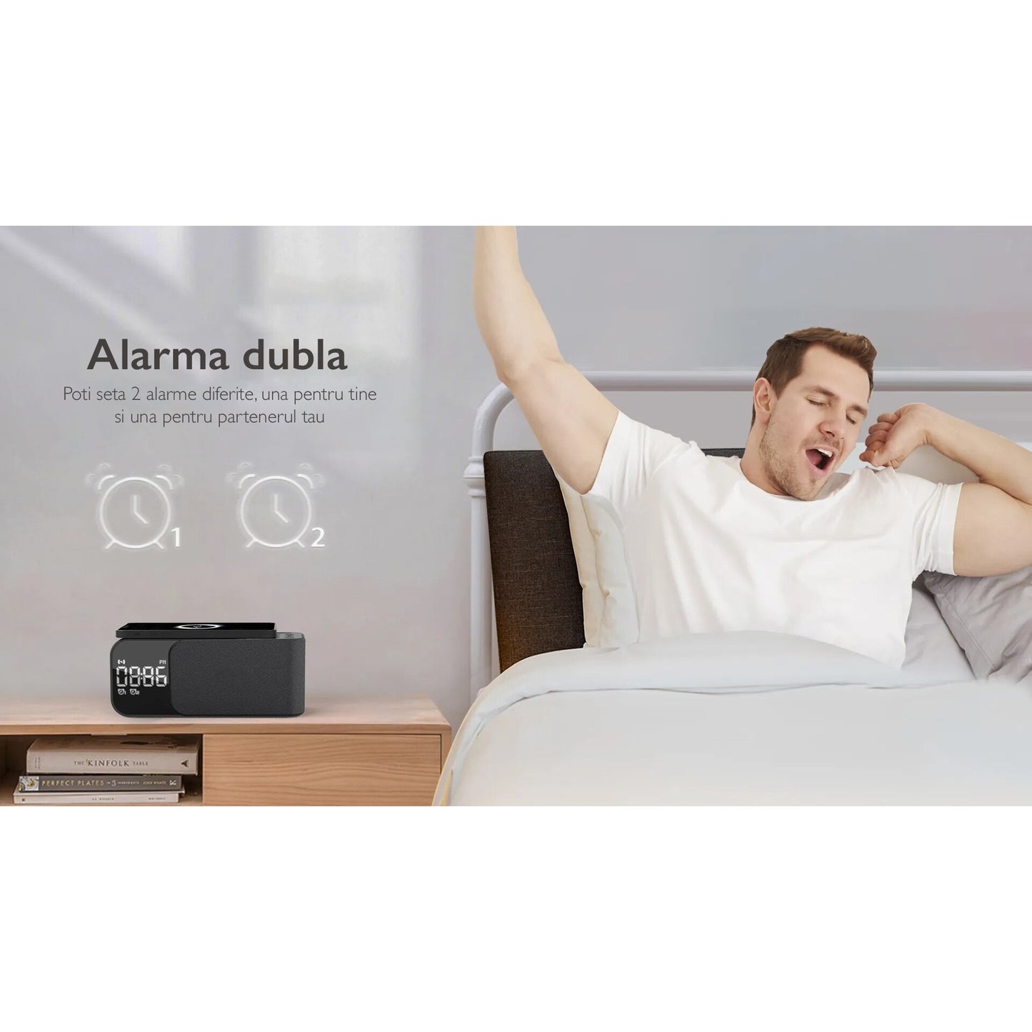 Radio cu ceas si incarcare wireless telefon 15W TechONE Night Buddy Pro