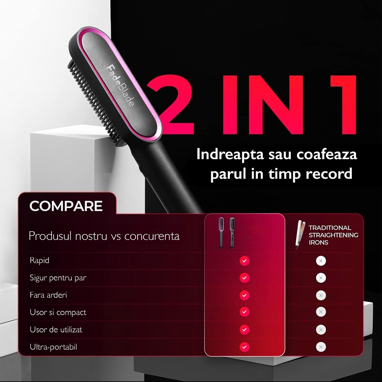 Perie Pentru Indreptat Parul 2 in 1 FadeBlade® Glide & Glow, Negru