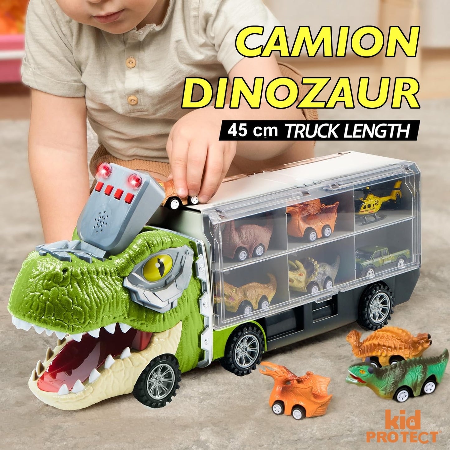 Set Camion Tit De Jucarie Pentru Copii Transport, KidProtect® DinoHaul Car Carrier, 3 ani+