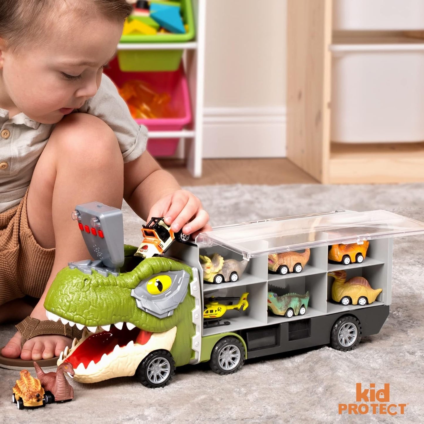 Set Camion Tit De Jucarie Pentru Copii Transport, KidProtect® DinoHaul Car Carrier, 3 ani+