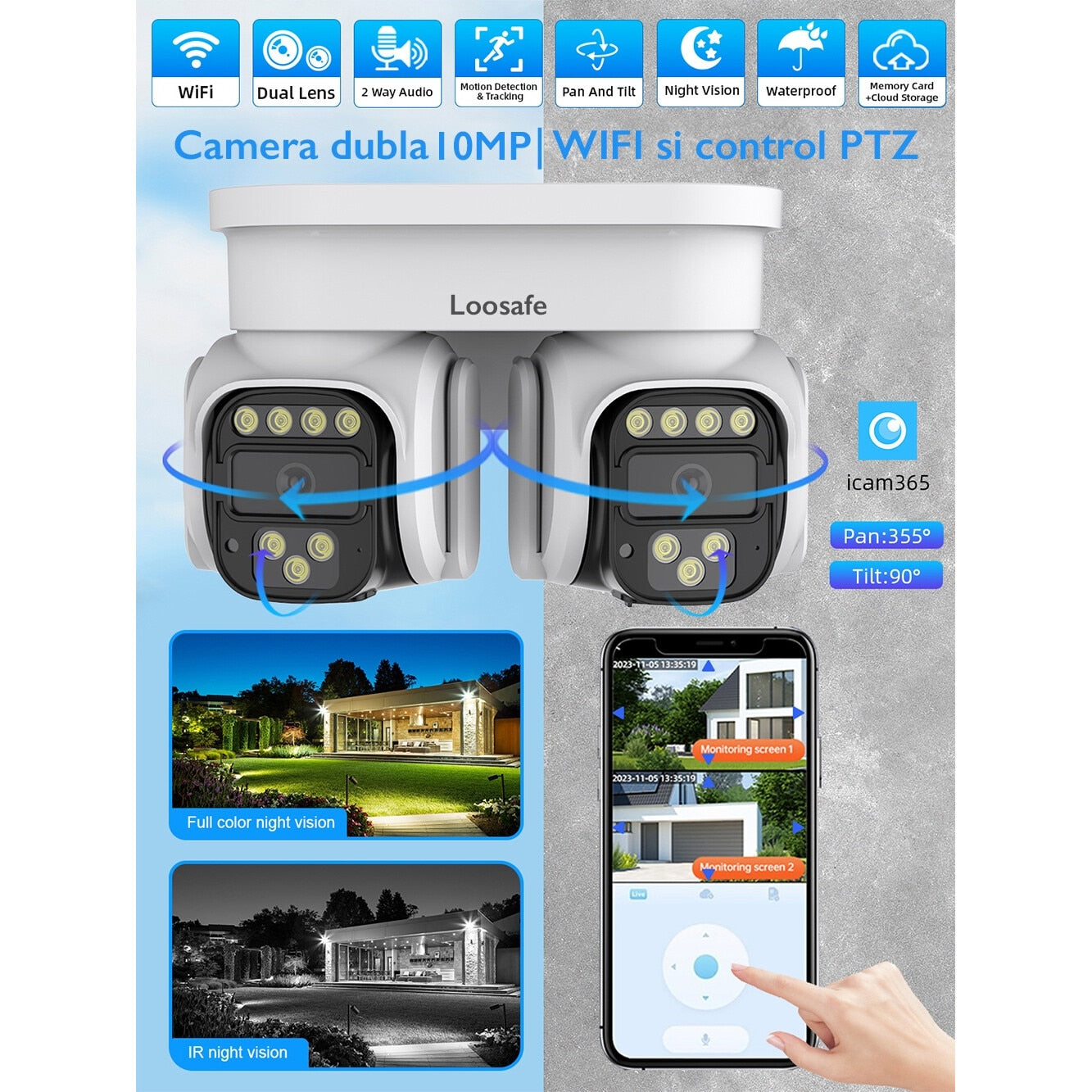 Camera De Supraveghere Video CCTV Dubla Motorizata WIFI Loosafe® DualVision Pro
